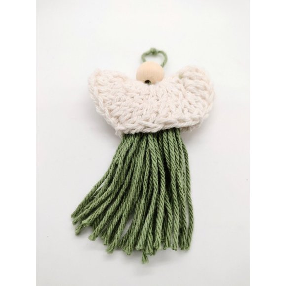 New Handmade Crotchet Natural Angel Hanging Ornament Decor Sage Cream Fringe - Picture 2 of 3